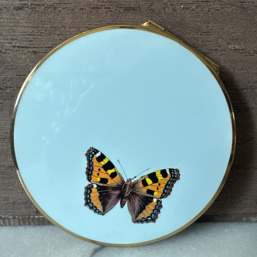 Vintage 1970's Stratton England Double Mirror Compact Butterfly Floral Baby Blue